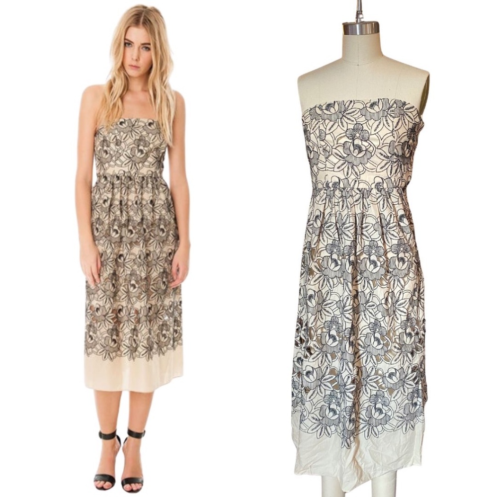 Tibi Cream and Black Strapless Floral Embroidered Midi Dress SZ 2